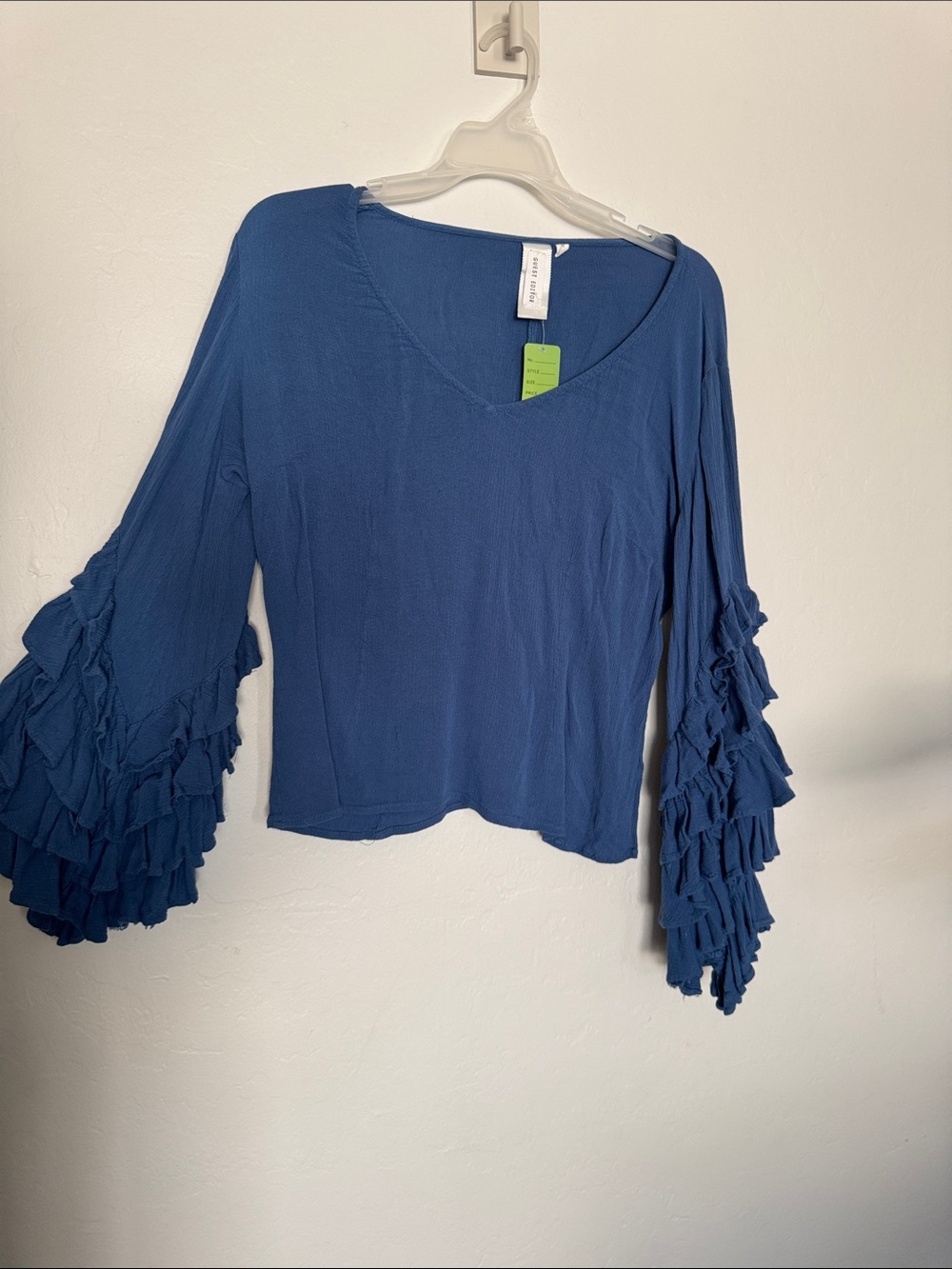 Ruffled Bell-Sleeve V-Neck Top in Blue